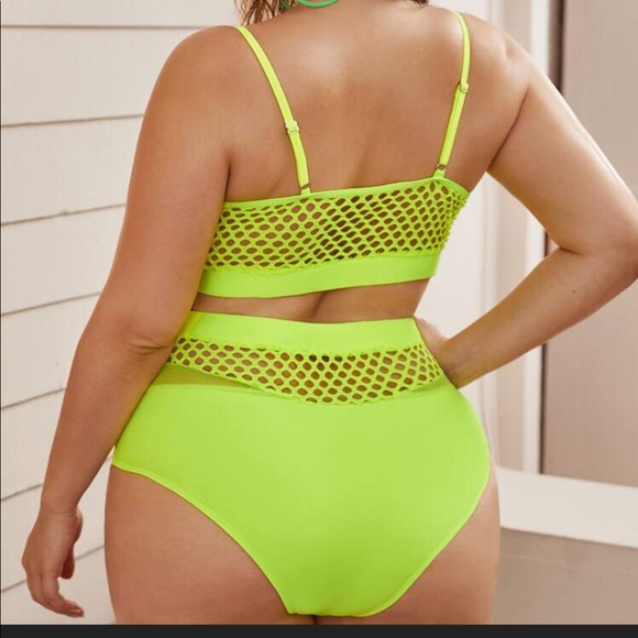 SHEIN Neon Green Fishnet High Waisted Swimsuit - Picture 7 of 9